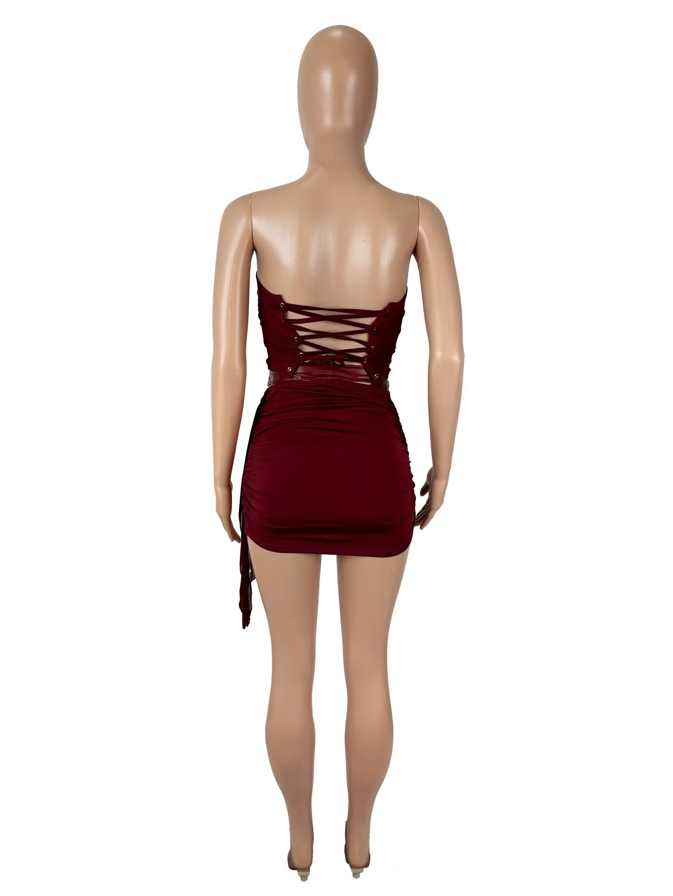 SKMY Clothes For Women Sexy Leather Patchwork Lace-Up Open Back Strapless Tops Wrapped Hip Skirt Sets Two Piece Outfits