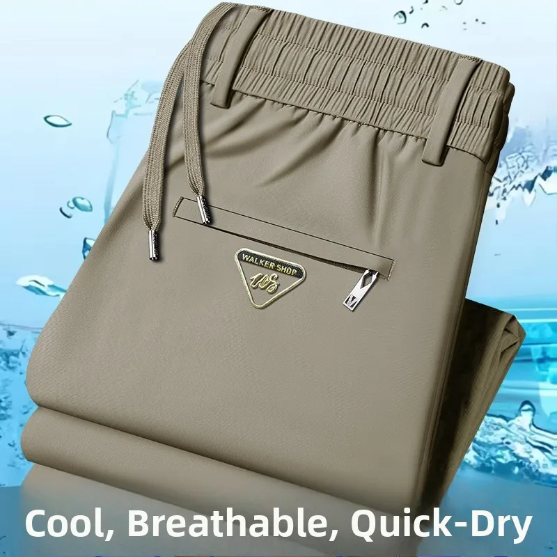 

Брюки из ледяного шелка Qui Dry на молнии, мужские летние тонкие свободные спортивные повседневные брюки Busin, повседневные прямые джинсы