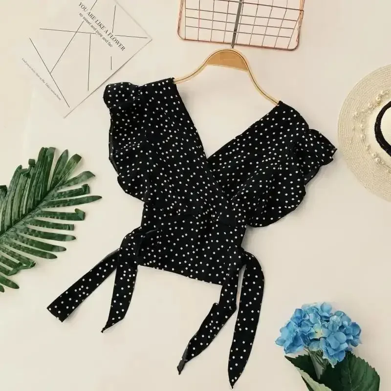Polka Dot Printing Chiffon Lace Up V-Neck Sexy Chic Flying Sleeve Women's Blouse Shirt Korean Fashion Female Clothing Tops 2025