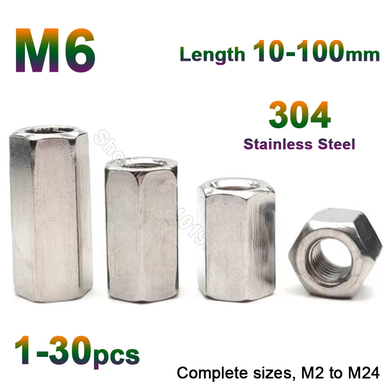 

1-30Pcs M6 304 Stainless Steel Lengthen Hex Column Joint Coupling Nut Connect Standoff Long Rod Coupling Hexagon Nuts L=10-100mm