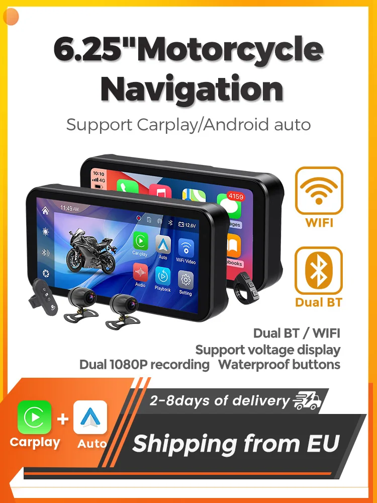 Polen Lagerbestand 6,25 Zoll CarPlay Android Auto Dual BT für universelle Motorrad-GPS-Navigation Kabelloses Carplay Android Auto Fahrrekorder Moto Monitor WIFI IP67 Wasserdichtes IPS-Display DVR