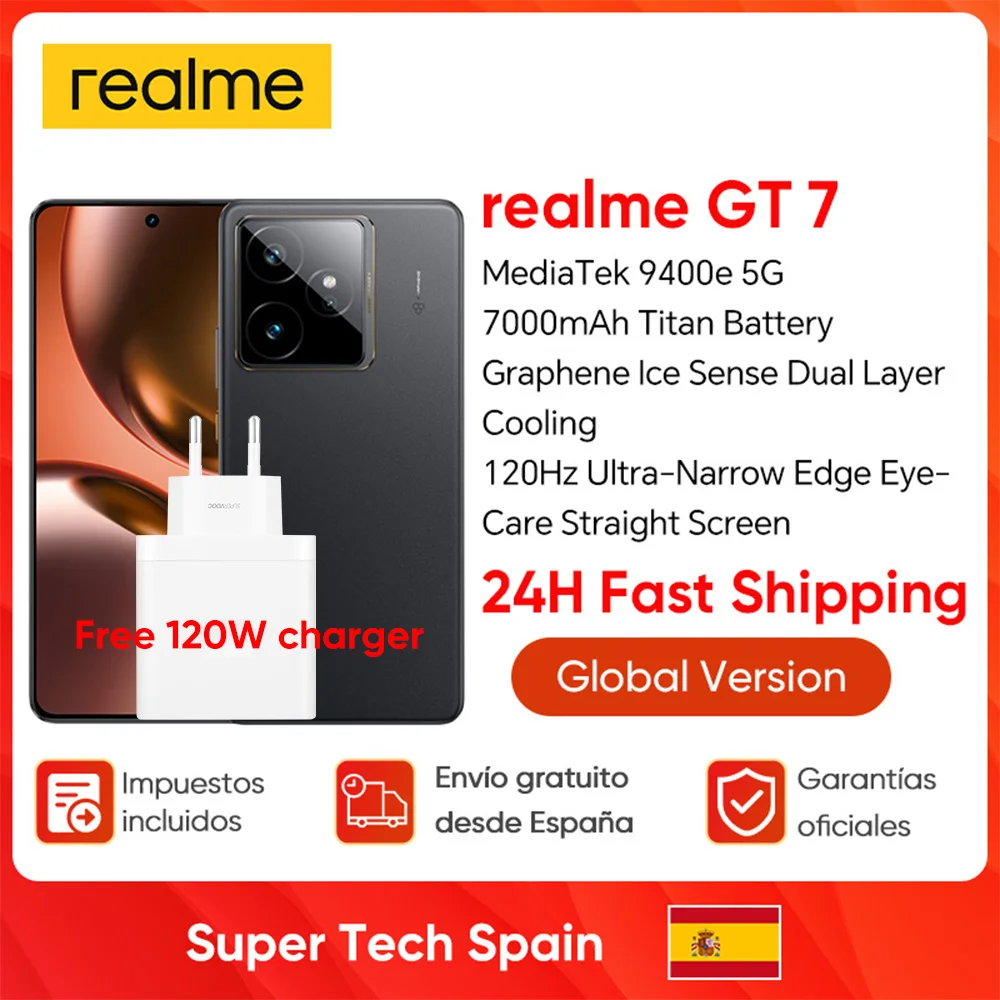 Smartphone Realme Gt7 5G Con Dimensity 9400E, Pantalla Hd Pro-Esports De 120Hz, Batería De 7000Mah, Supercarga De 120W Y Cámara De 50Mp — -35%, 231€ Coupon, from 429.00€ – 35% descuento – €429.00
