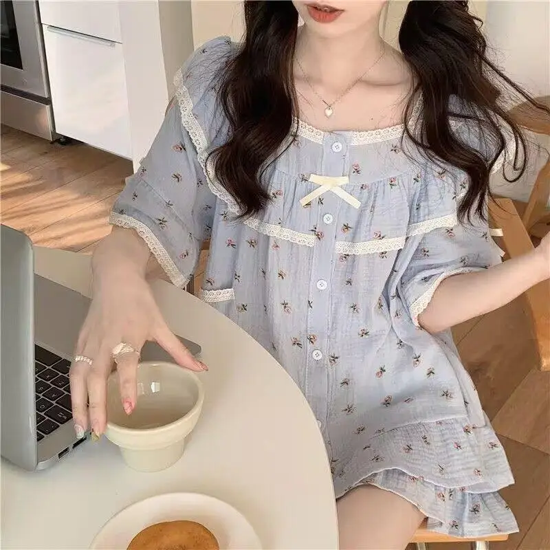 Korean Cute Student Lace Pajamas Sweet Girl Short Sleeve Short Home Clothes Comfortable Breathable Set Loose Summer New Arrival