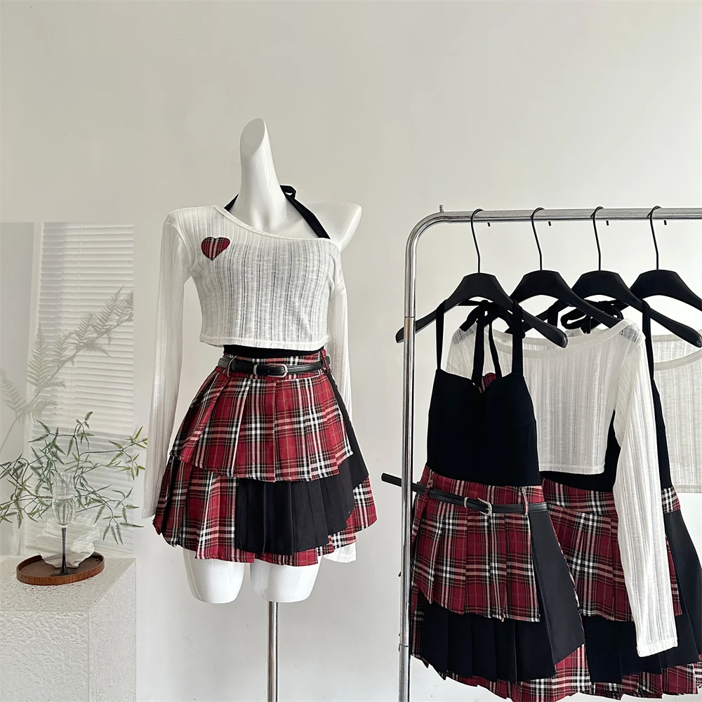 

Fall Winter Women 2000s Aesthetic Goth Y2k JK Harajuku Outfits 2 Piece Dress Set Long Sleeve Crop Top + Plaid Patchwork Dress