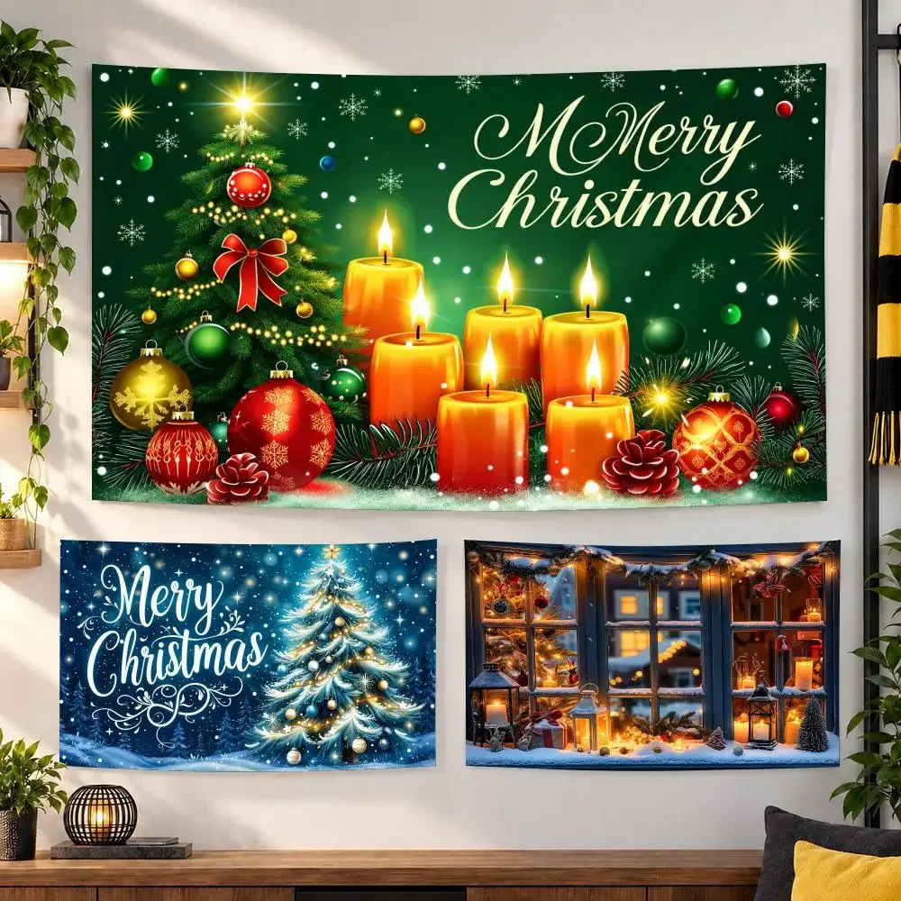 Christmas Tree Gift Snow Scenes Tapestry Custom Living Bedroom Party Dormitory Interior Wall Bohemian Decoration Attached Clip