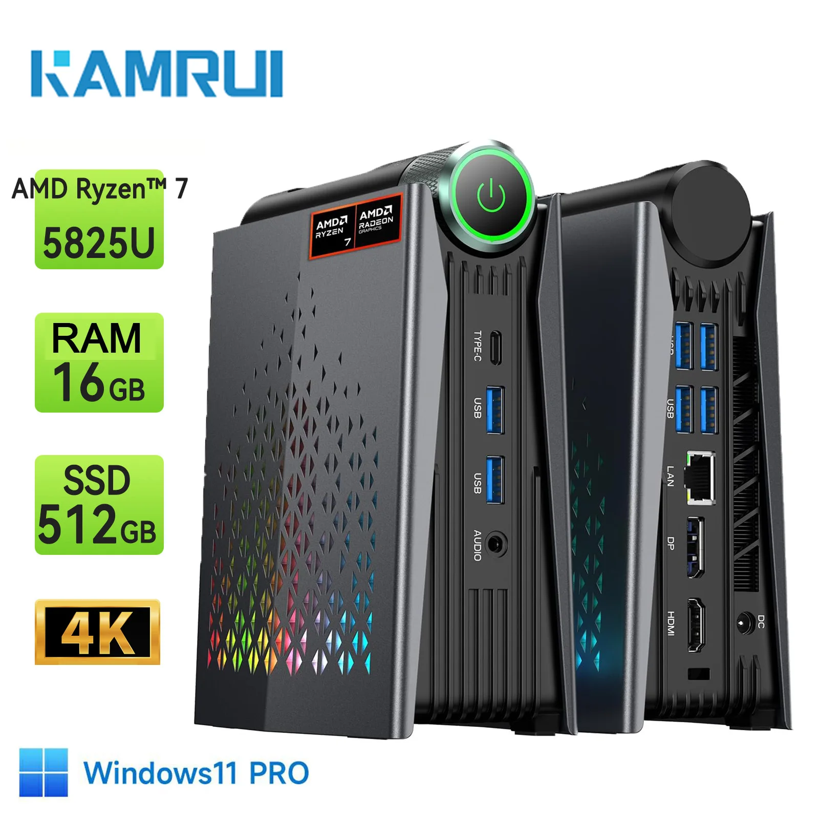 

KAMRUI Mini PC S3A AMD Ryzen 7 5825U 16GB DDR4 512GB M.2 SSD 3200Mhz Wifi6 BT5.2 4KUHD RGB Light Mini Desktop Computer Gaming PC