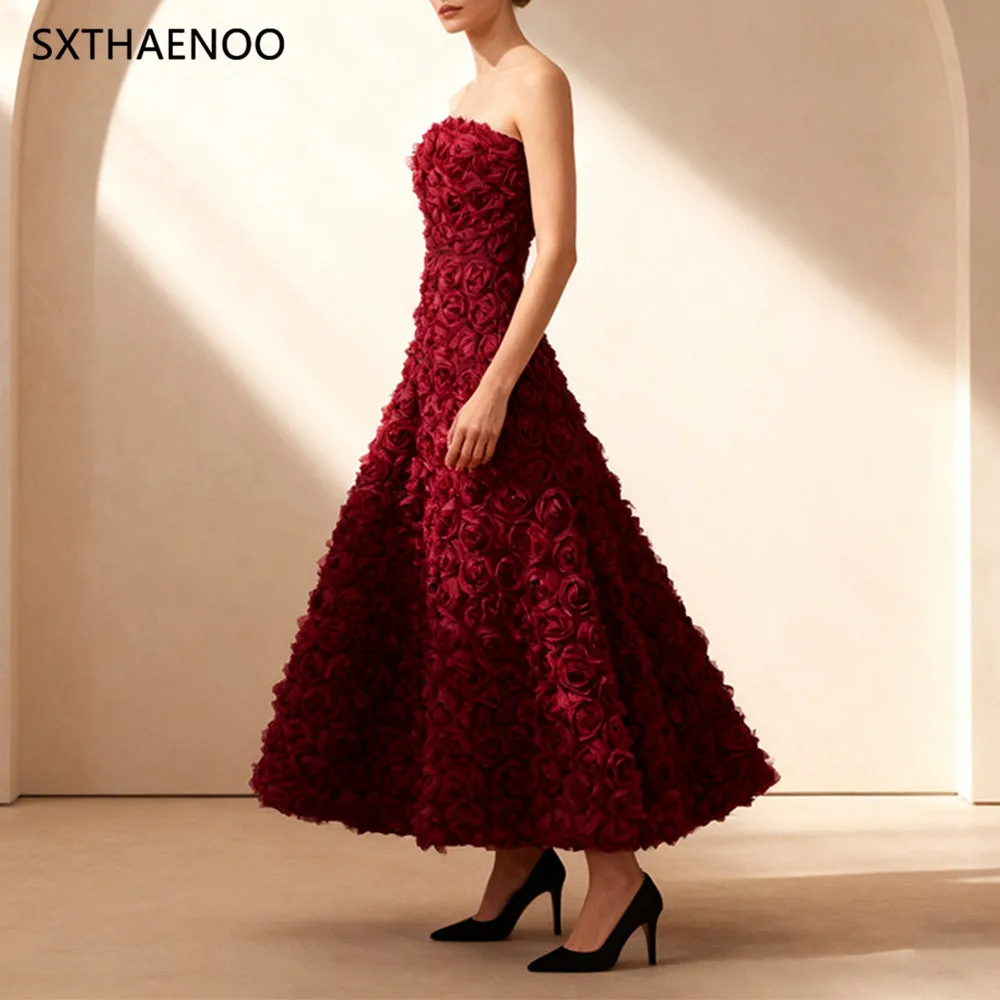 SXTHAENOO مثير حمالة ثلاثية الأبعاد زهرة الزهور فستان طويل المرأة بورجوندي بلا أكمام عارية الذراعين الأزهار ألف خط فساتين السهرة حفلة