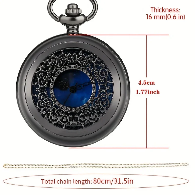 Starry Blue Dial Pendant Bronze Hollow Quartz Pocket Watch Roman Numerals Retro Watch