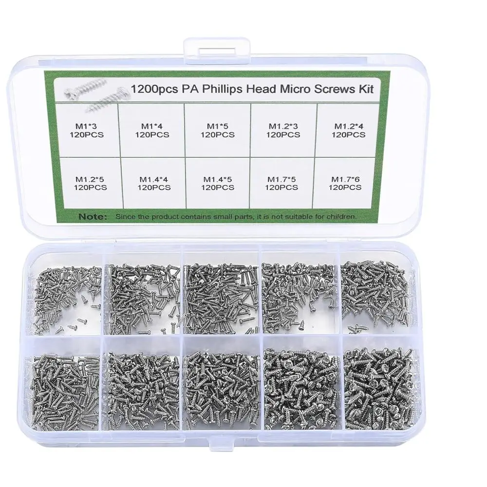 1200 Mini Screw Assortment Hardware Kit Carbon Steel Phillips Round Head Fasteners For Precision Mechanical Parts Repairing Gear