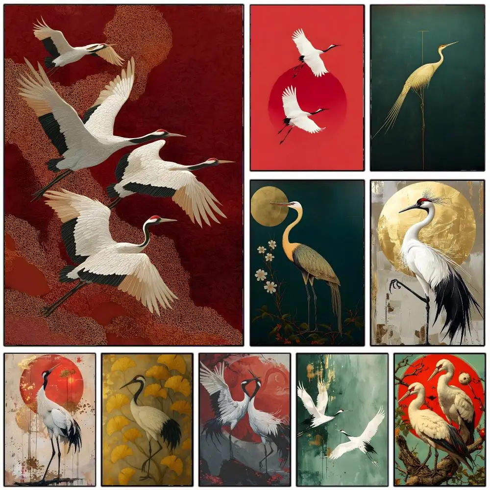 Red Crane Blue Heron Poster Wall Art Print Decorative Mural Home Decor Gift Unframed