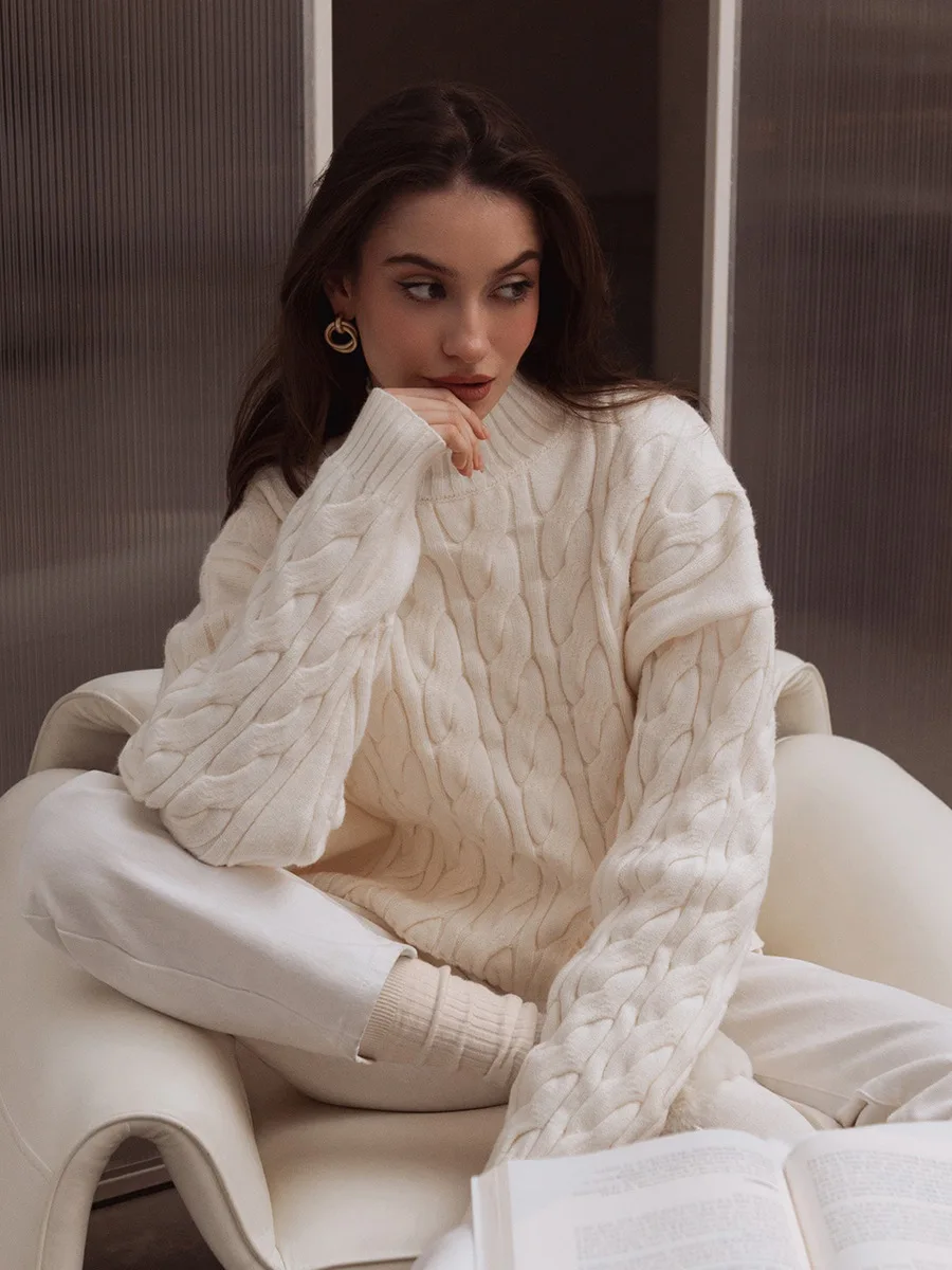 

Half high neck sweater Autumn/Winter 2025 new lazy style Fried Dough Twists sweater loose pullover sweater women