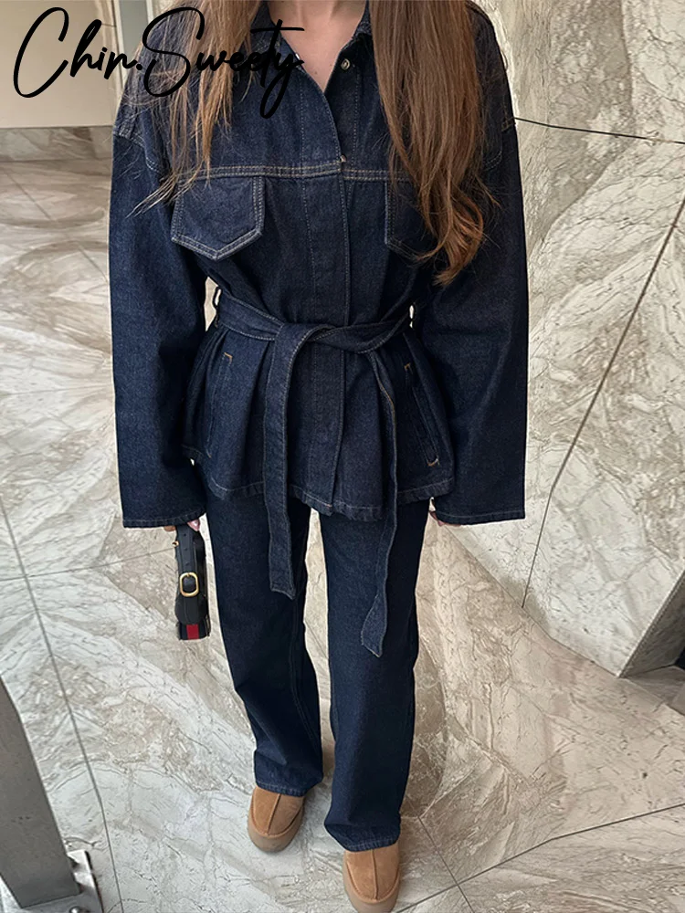 النساء قطعتين مجموعة الدنيم بانت مجموعات واحدة الصدر طويلة الأكمام حزام معطف واسعة الساق السراويل الجينز الإناث 2 قطع وتتسابق