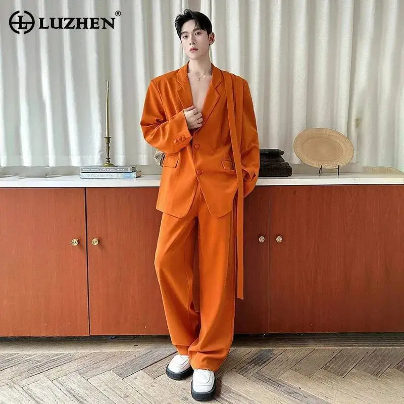 

LUZHEN 2026 New Elegant Ribbon Decorate Casual Blazer Coat Suit Handsome Straight Trousers Men's Korean Two-piece Sets JY6823
