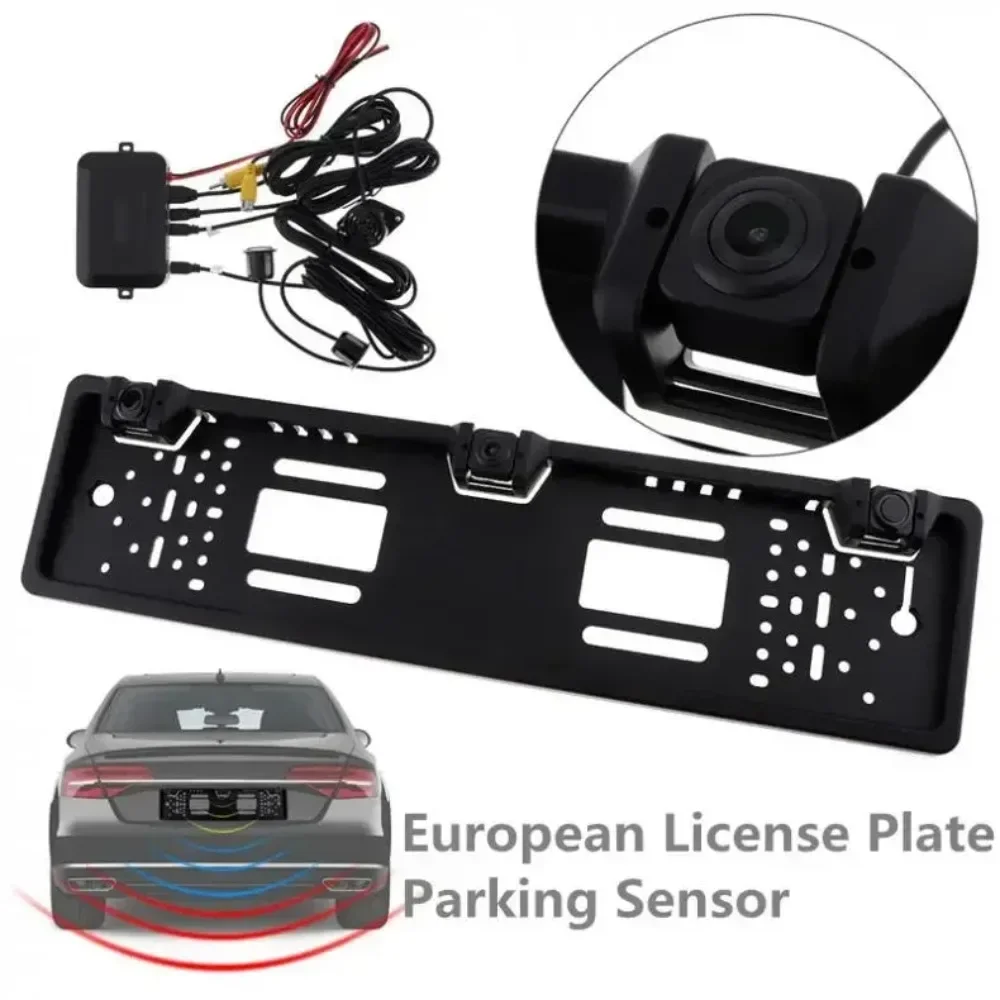 

Queender European License Plate Frame Backup Camera Rear View Camera with Reversing Radar System Parking Sensor