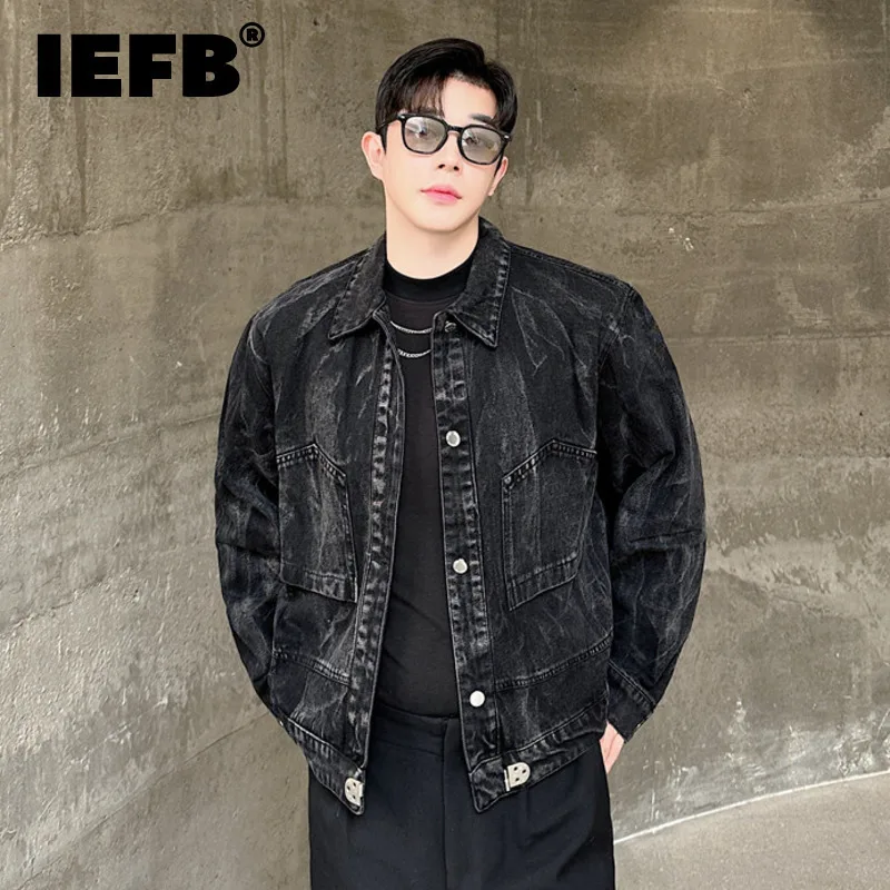 

IEFB American Style Men's Jackets Denim Washed Worn-out Turn-down Collar Simgle Breasted Solid Color Male Coats Autumn 9C7737