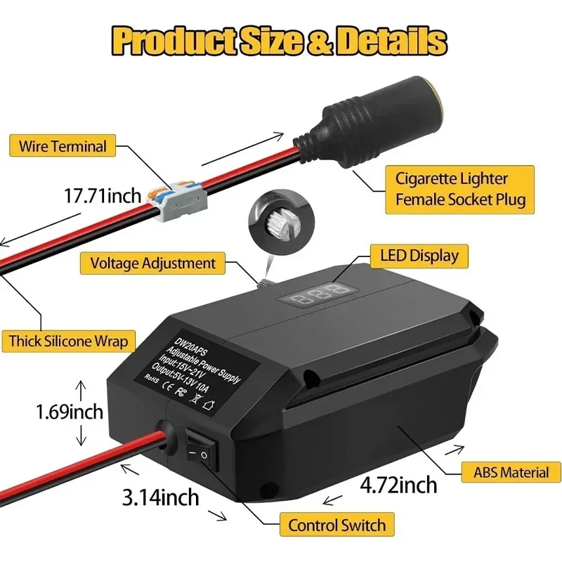 DW20APS 20V To 5-13V Step Down Converter for DeWalt 20V Li-ion Battery Adapter Cigarette Lighter Power Adapter Voltage Regulator