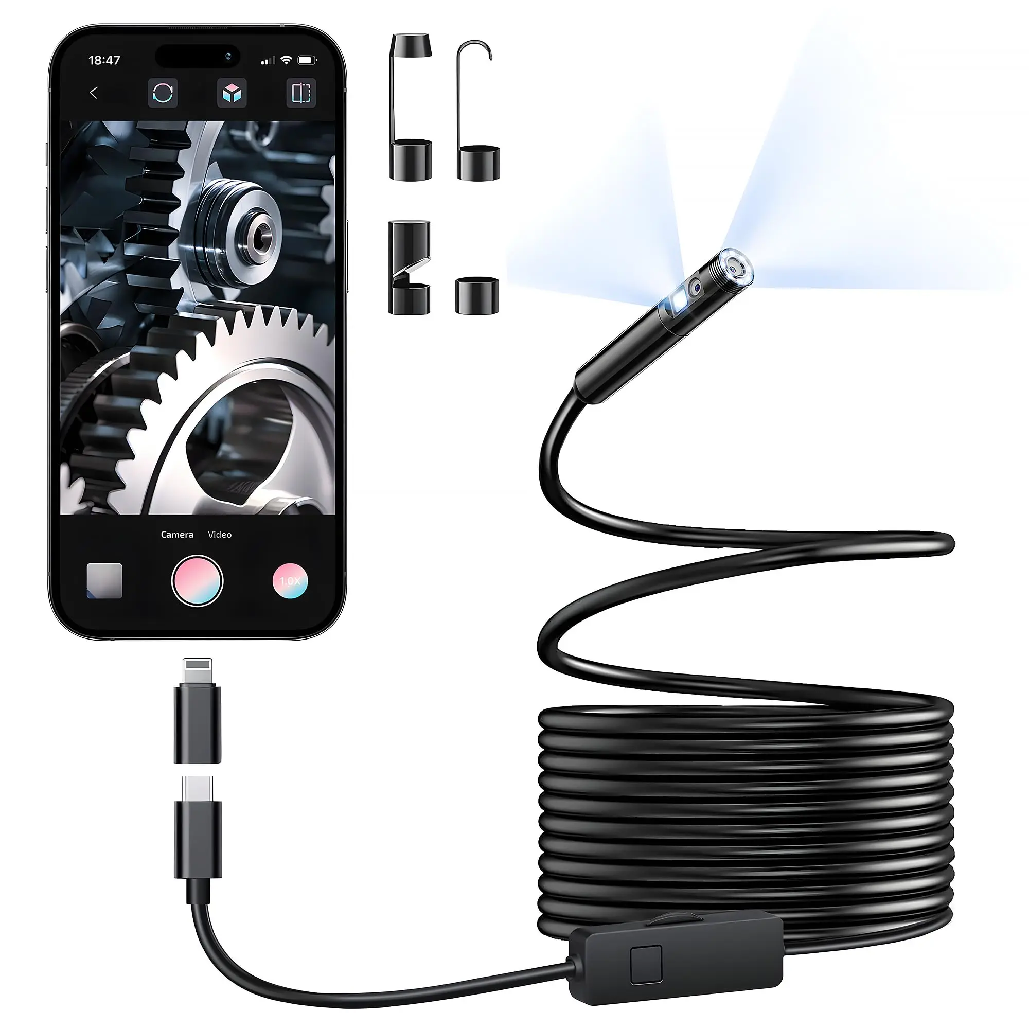 KERUI Single/Dual Lens Endoscope Camera For iPhone iPad IOS & Android Type-c Led Light IP67 Borescope Industry Inspection Camera
