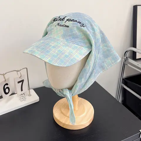 Korean Original Women's Plaid Triangle Scarf Bucket Hat Y2K Trendy Summer Sun Protection Spicy Girl Style Baseball Cap