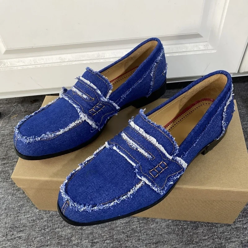 Stylish Dark Blue Burr Edge Design Loafers Men Canvas Shoes Luxury Slip On Dress Shoes Men's Casual Shoes Boat Shoes