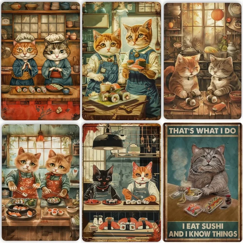 Vintage Metal Tin Poster Japanese Sushi Cat Metal Tin Signs Posters Plate Wall Decor for Bars Cafe Clubs Retro Posters Plaque