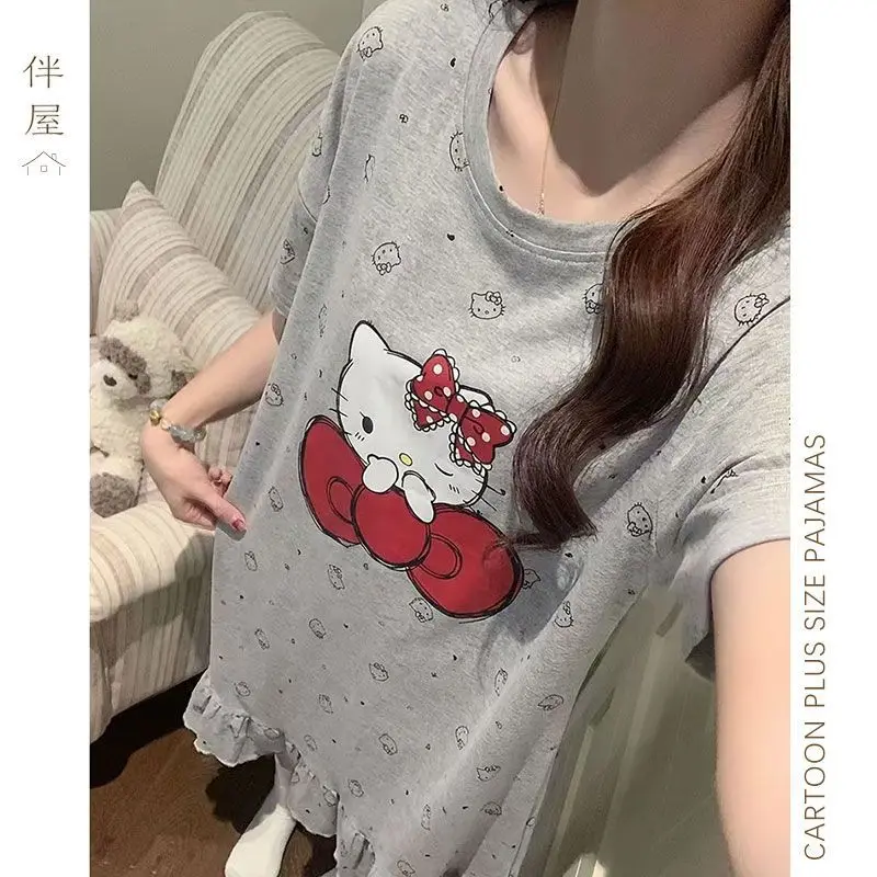 Hello Kitty Pajamas Dress Long Dresses Pyjamas Summer Sleepwear Short Sleeve Sleeping Skirt Kawaii Cartoon Home Clothes - view 2