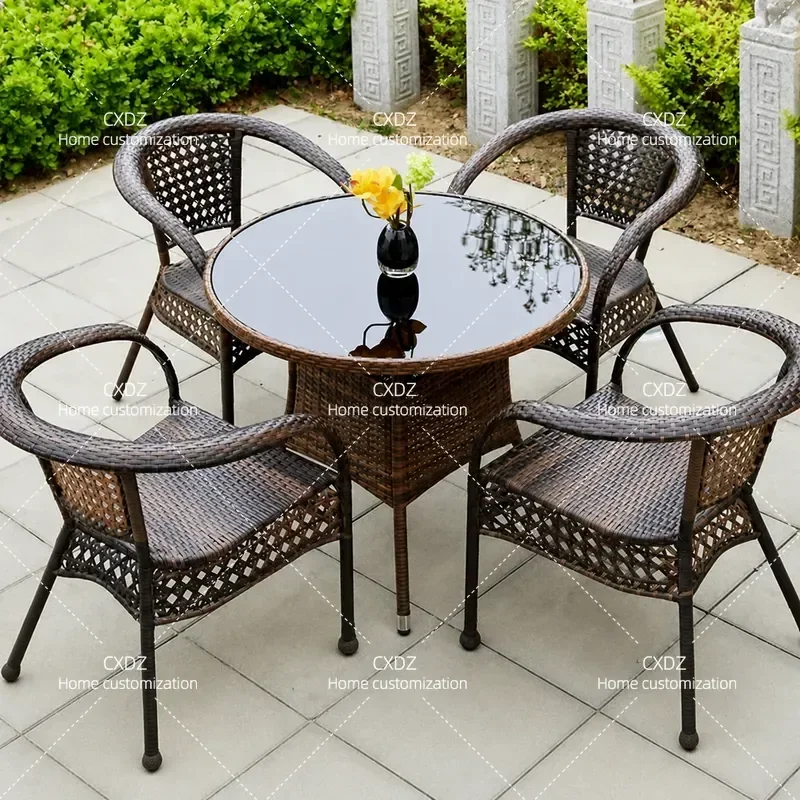 3 Piece Outdoor Rattan Patio Furniture Set Rectangular Leisure Table and Chairs for Balcony Courtyard Garden