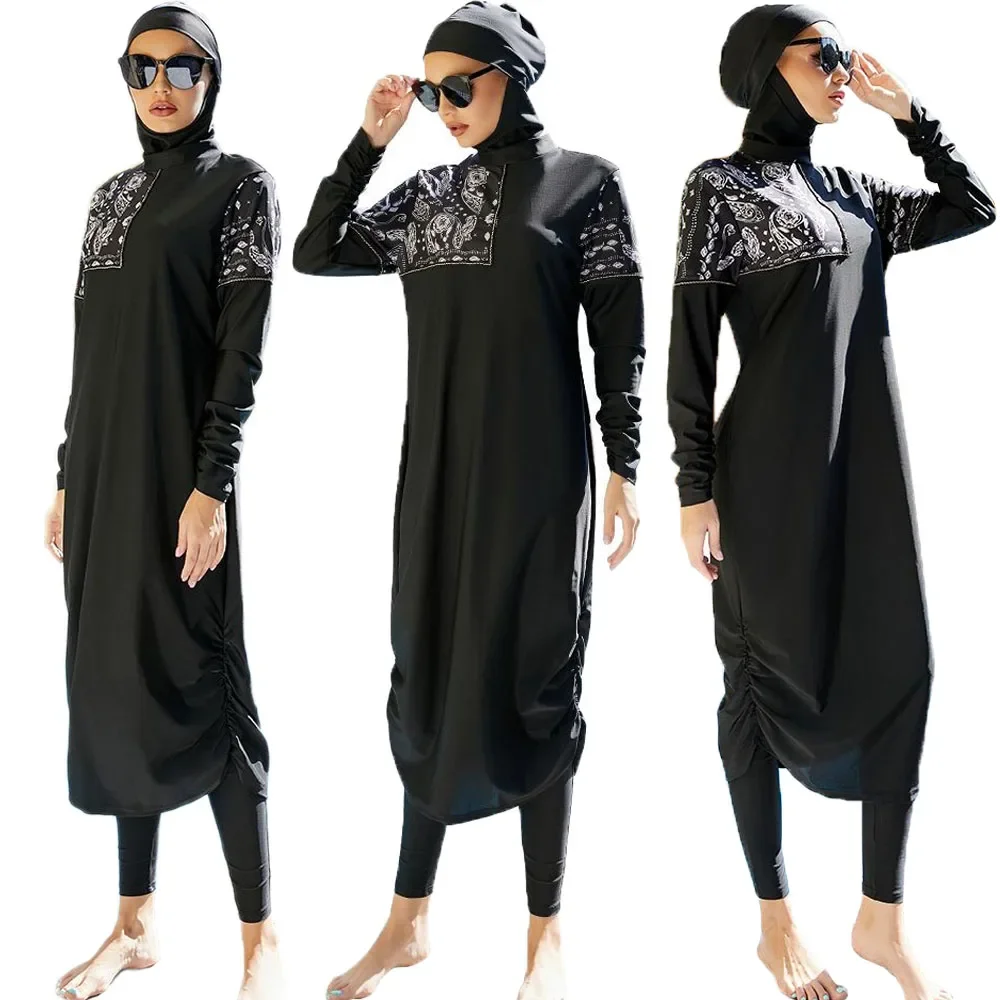 

3Pcs Burkini Modest Print Women Muslim Hijab Long Sleeve Dress Abaya Pant Set Arab Full Cover Swimwear Bachwear Islamic Swimsuit