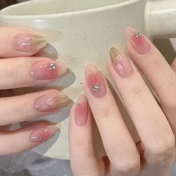 24Ps/Set Stacked Diamonds Oval Artificial Wearing False Nails Full Cover Adhesive Sweet Fake Nails Removable Press on Nails Tips