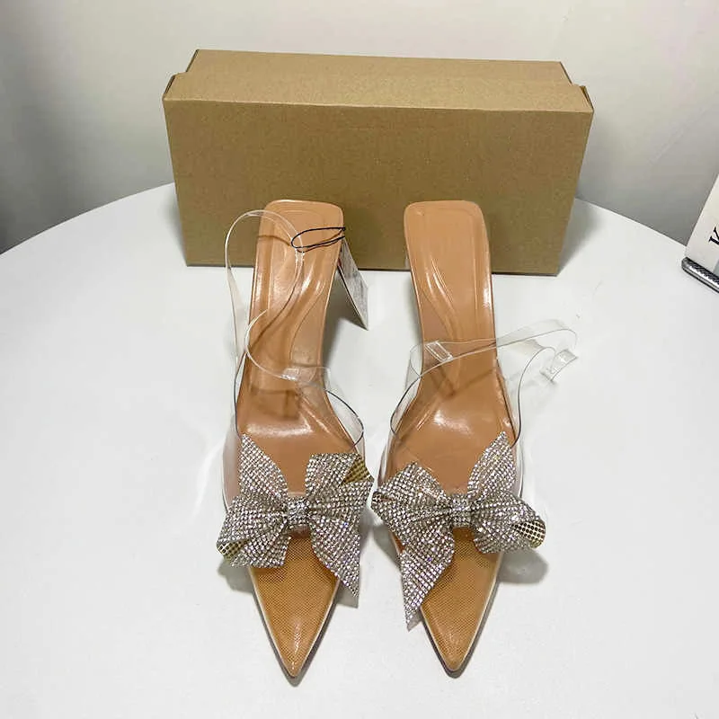 Point Head High Heels Sandal For Woman New Summer Rhinestone Bow Knoit Slingbacks Pumps  Women Transparent Khaqi Sole Stilettos