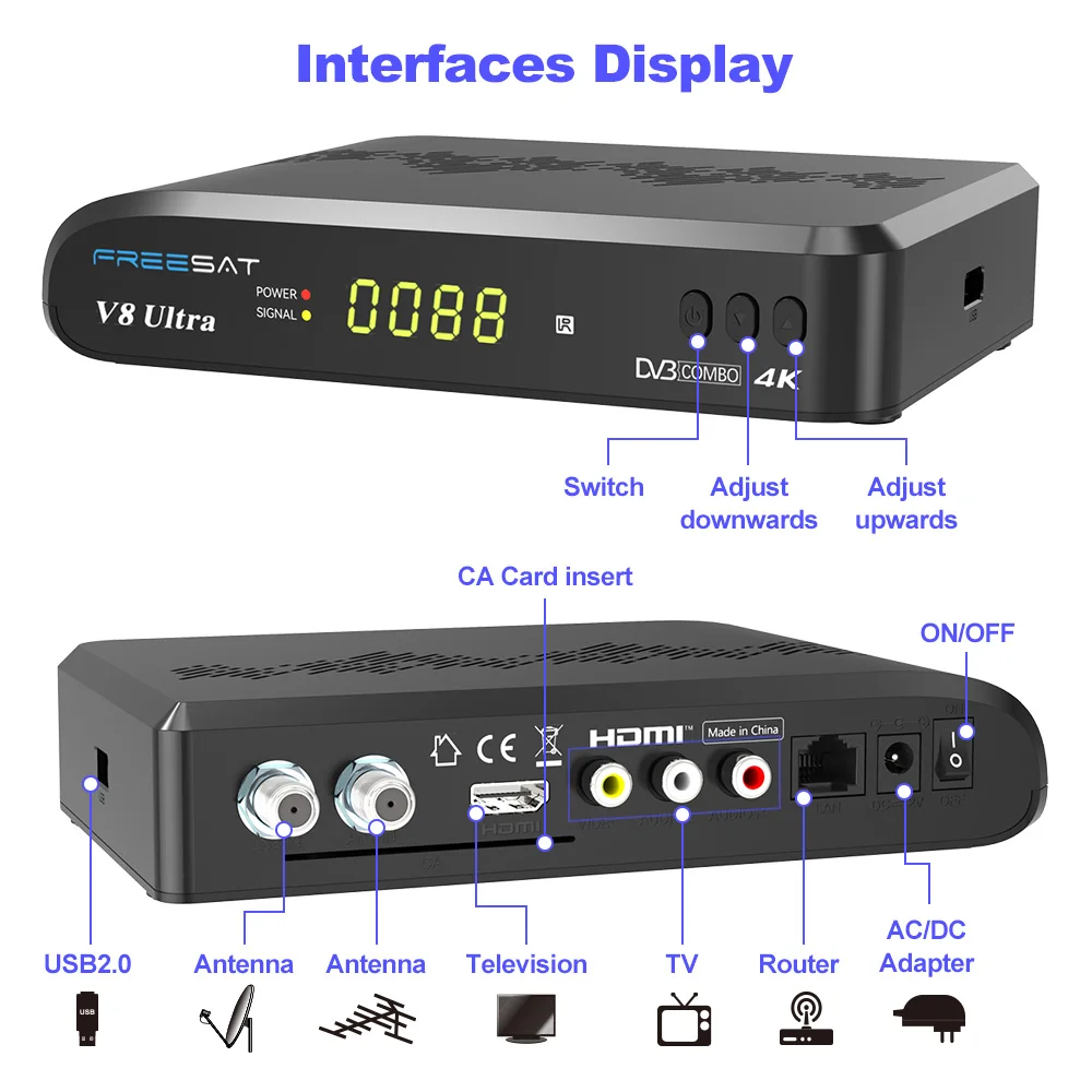 جهاز استقبال قمر صناعي FREESAT V8 Ultra DVB-S/S2/S2X,DVB+T/T2/ISDB-T/C 4K HD H.265 مدمج WIFI BISS Autoroll يدعم Funcam Mars