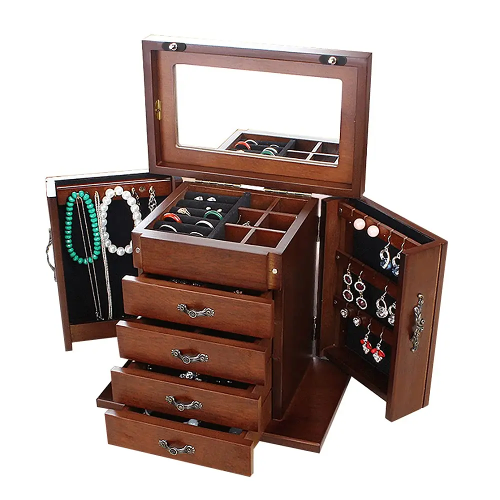 

Large Wooden Jewelry Box with Built-in Mirror, 5 Drawers Jewelry Case with Side Organizer, Watches Necklace Ring Storage Box for