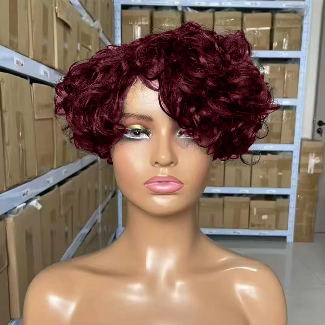 Günstige maschinell gefertigte Perücke aus 100% brasilianischem Echthaar, Pixie-Schnitt, kurze, krause, lockige Perücke ohne Spitze mit Pony für Frauen – Detail 16