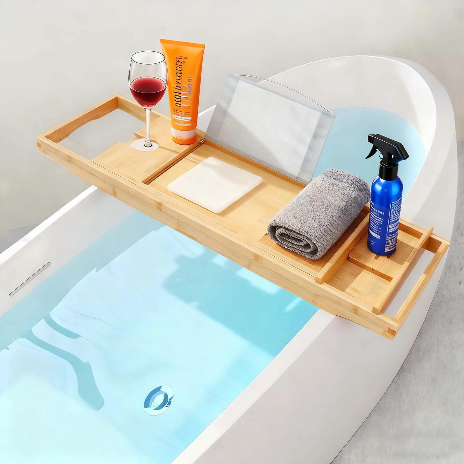 

Extendable Bamboo Bathtub Tray Retractable Bathtub Shelf with Soap Box Single Box Waterproof Fabric for Bathroom