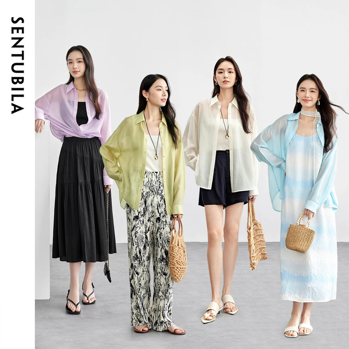 

SENTUBILA 2025 New Women Shirt Spring Lyocell Casual Loose Fit Turn Down Collar Long Sleeve Slit Fashion Blouses 151C57807