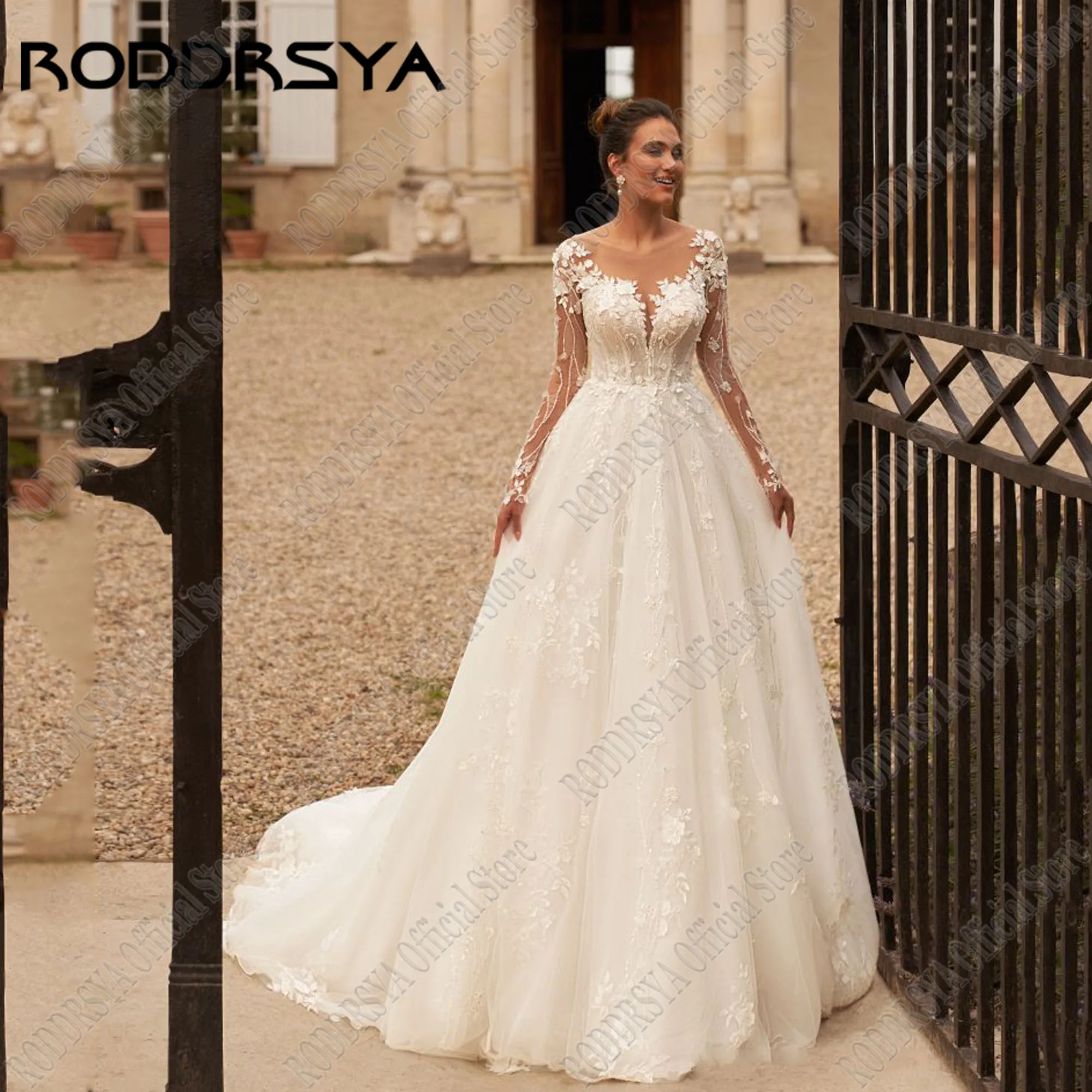 

RODDRSYA Charming A Line Wedding Dress O Neck Tulle Full Sleeves Button Wedding Dresses Appliques Vestido De Noiva Customized