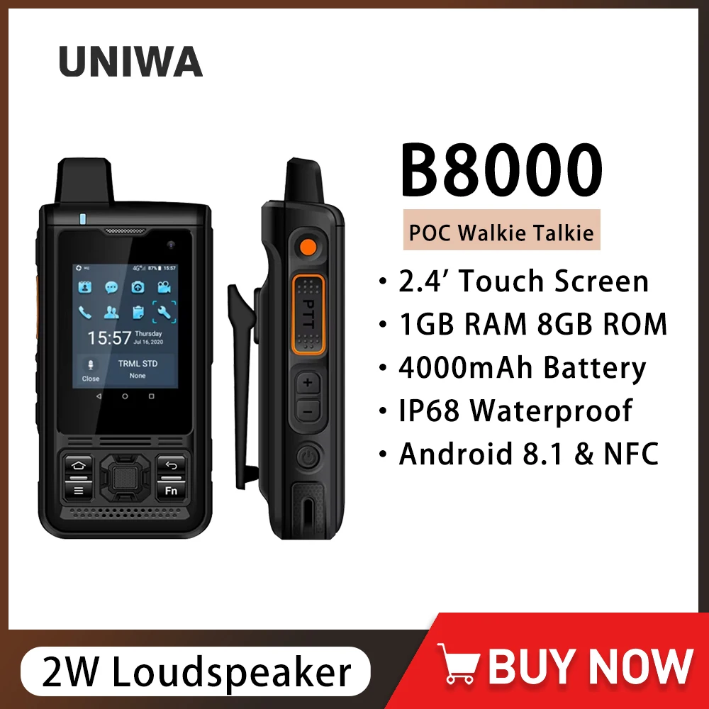 UNIWA B8000 4G LTE POC Walkie Talkie Zello 2.4 Inch IP68 Waterproof Quad Core Touch Screen Smartphone Android 8.1 4000mAh NFC