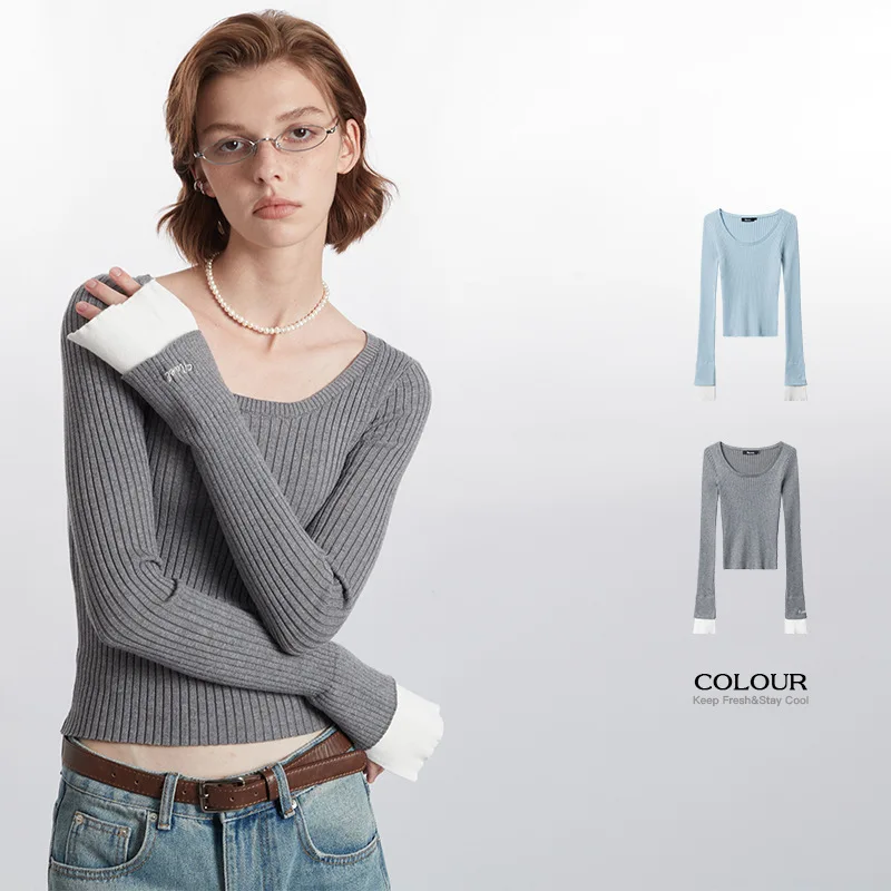Slim Fit Knit Pullover Women's New Solid Color Casual Simple Style Long Sleeve Square Neck Top