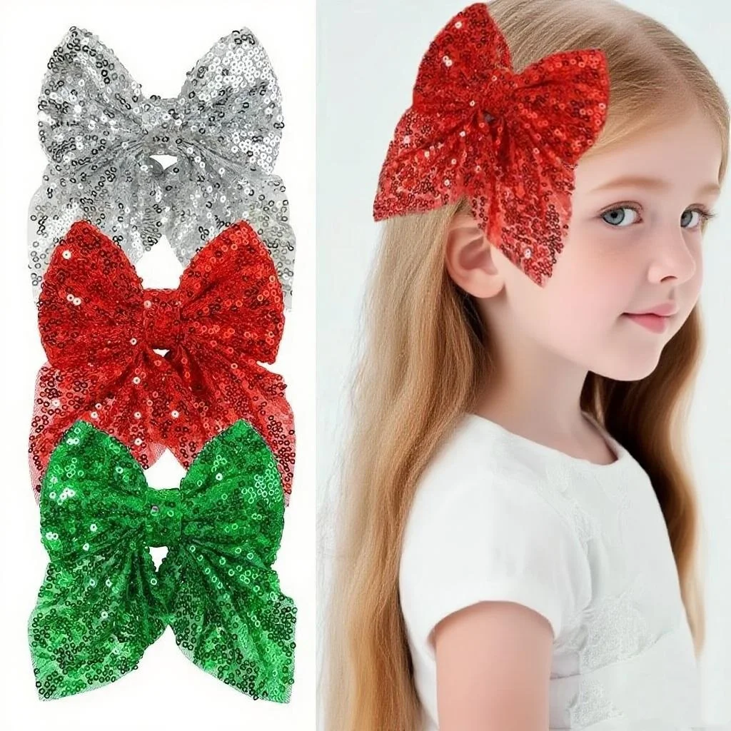 

3Pcs/Set Christmas Glitter Bows Hair Clips Cute Solid Color Big Shiny Hair Grips for Women Girls Shiny Hair Accessories Gifts