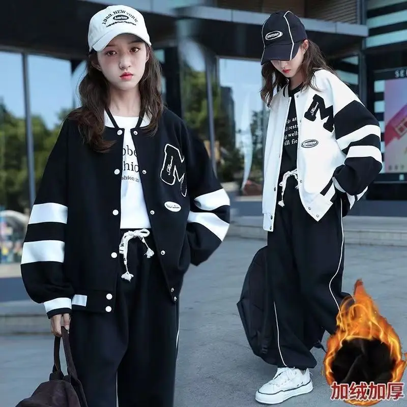 

Children Girl Thicken Tracksuit Teenager Girl Contrast Single-breasted Sport Coats+Plus Velvet Sweatpants Students Girls Sets