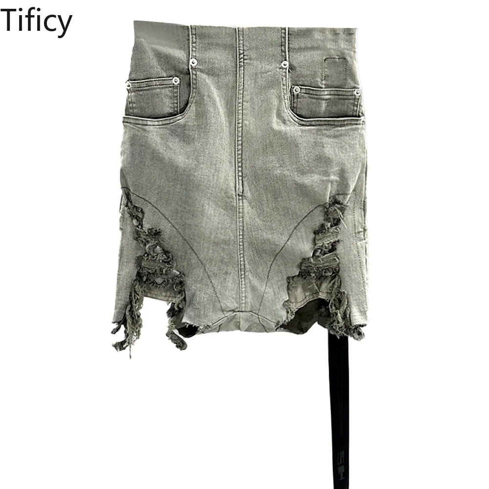 Spring/Summer Denim Skirt Women's Cotton Worn Cement Ash Erosion Slim Fit High Waist Wrapped Hip Short Jean Skirts