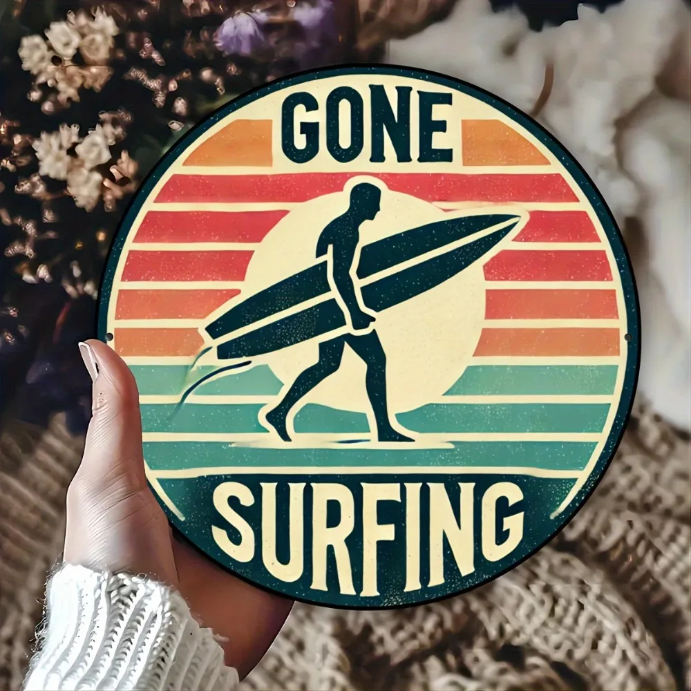 Vintage Surfboard Surfer Metal Tin Sign 20x20cm Retro Beach Wall Decor Aluminum Plaque Coastal Home Bar