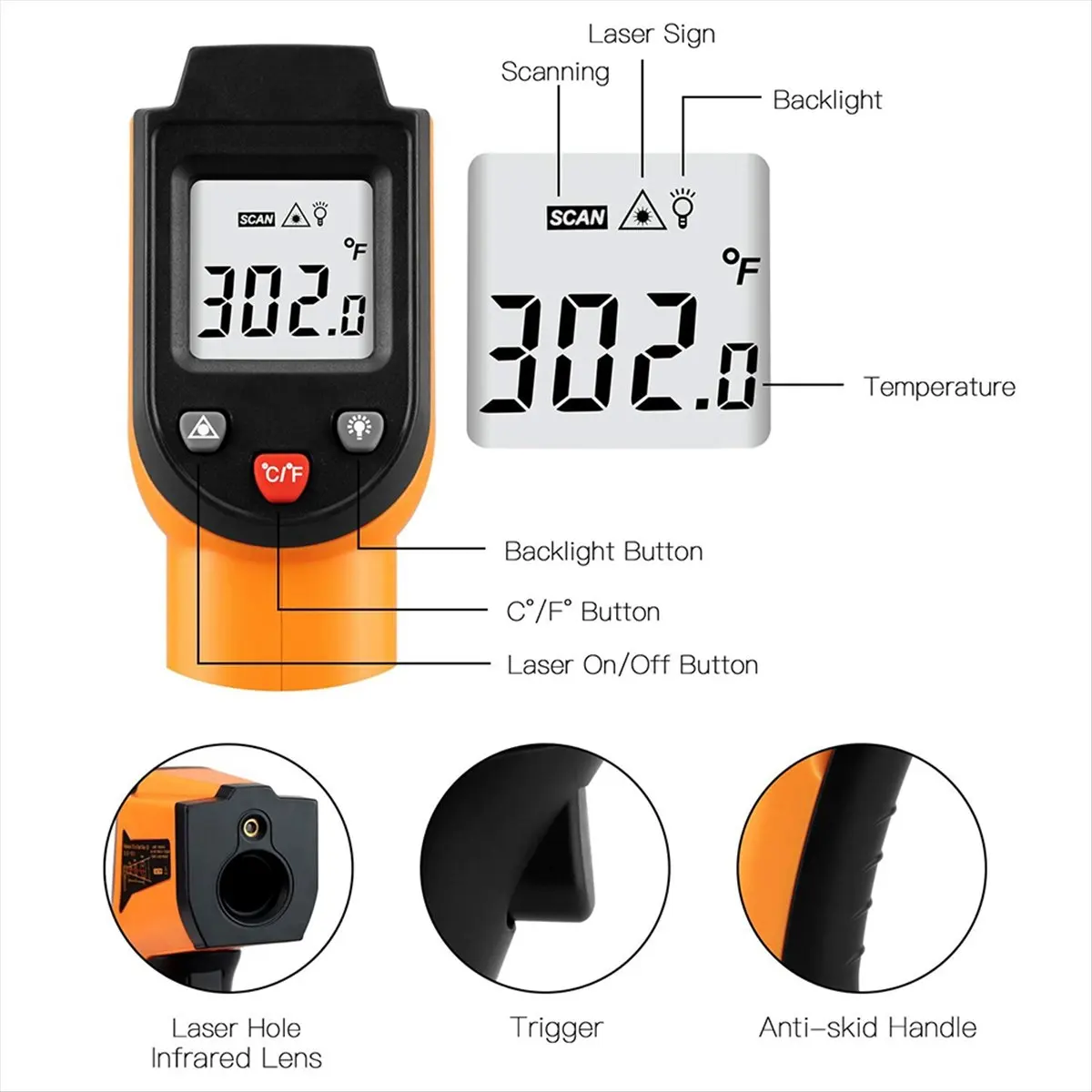 Reliable- Infrared Thermometer -50°C to 400°C(-58°F to 752°F),Kitchen Digital Laser Infrared Temperaturer or Objects and Water
