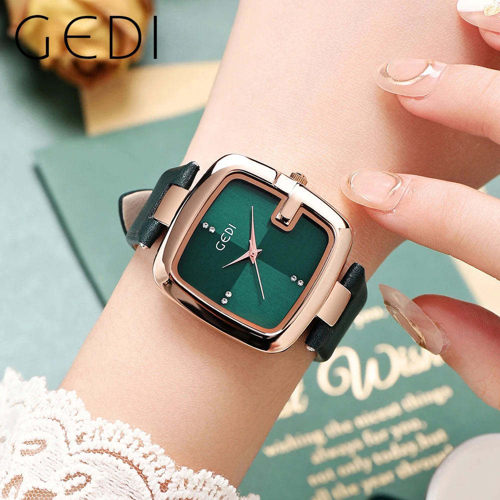 GEDI-Relógio de pulso de quartzo impermeável minimalista feminino, relógios femininos quadrados, pulseira de couro marrom, casual, simples, moda feminina