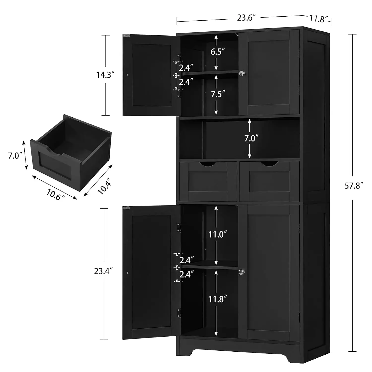 Freestanding Bathroom Cabinet, Kitchen Pantry Cabinet, Cupboard for Kitchen, Dining Room, 2 Drawers, 57.8”H, Black