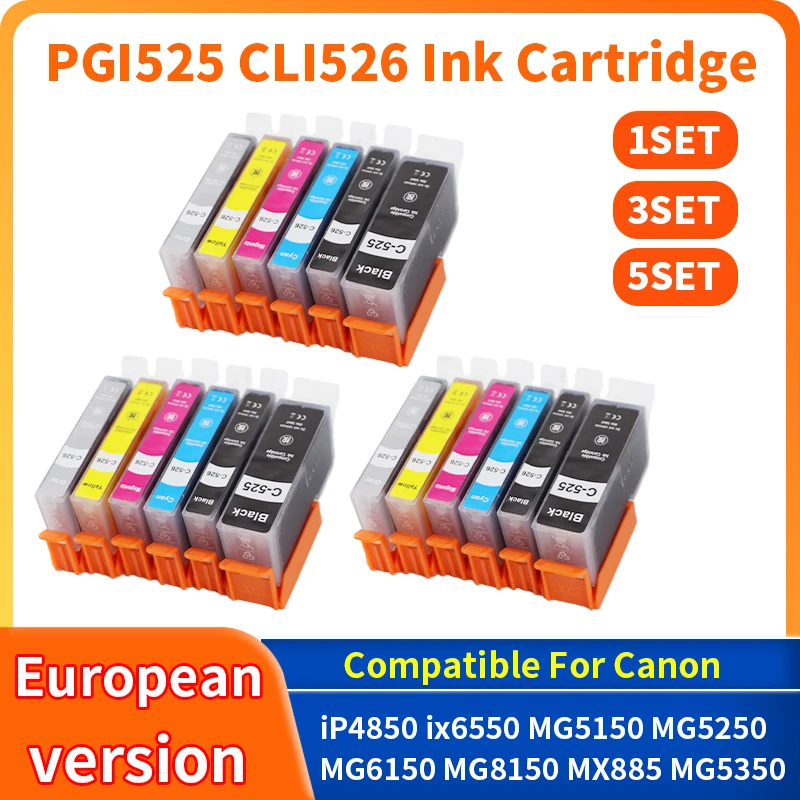 1/3/5set PGI525 CLI 526 PGI 525 Ink Cartridges for Canon Pixma iP4850 ix6550 MG5150 MG8150 MX885 MG5350 MG5250 MG6150 Printer