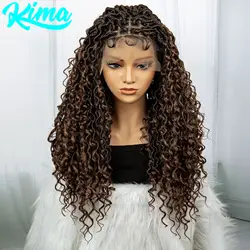 Faux Locs Braided Wigs Synthetic Dreadlock Braided Wigs With Curly Ends 26inch Lace Front Knotless Box Braids Wig with Baby Hair