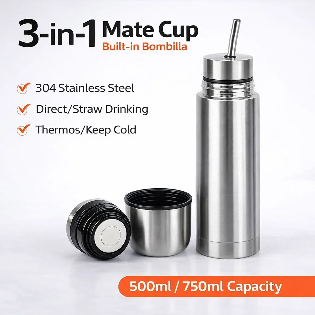 3-in-1 Mate Cup Built-in Bombilla 304 Stainless Steel Thermos Keep Cold Bottle Portable Tea Cup for Home/Office/Sports Use