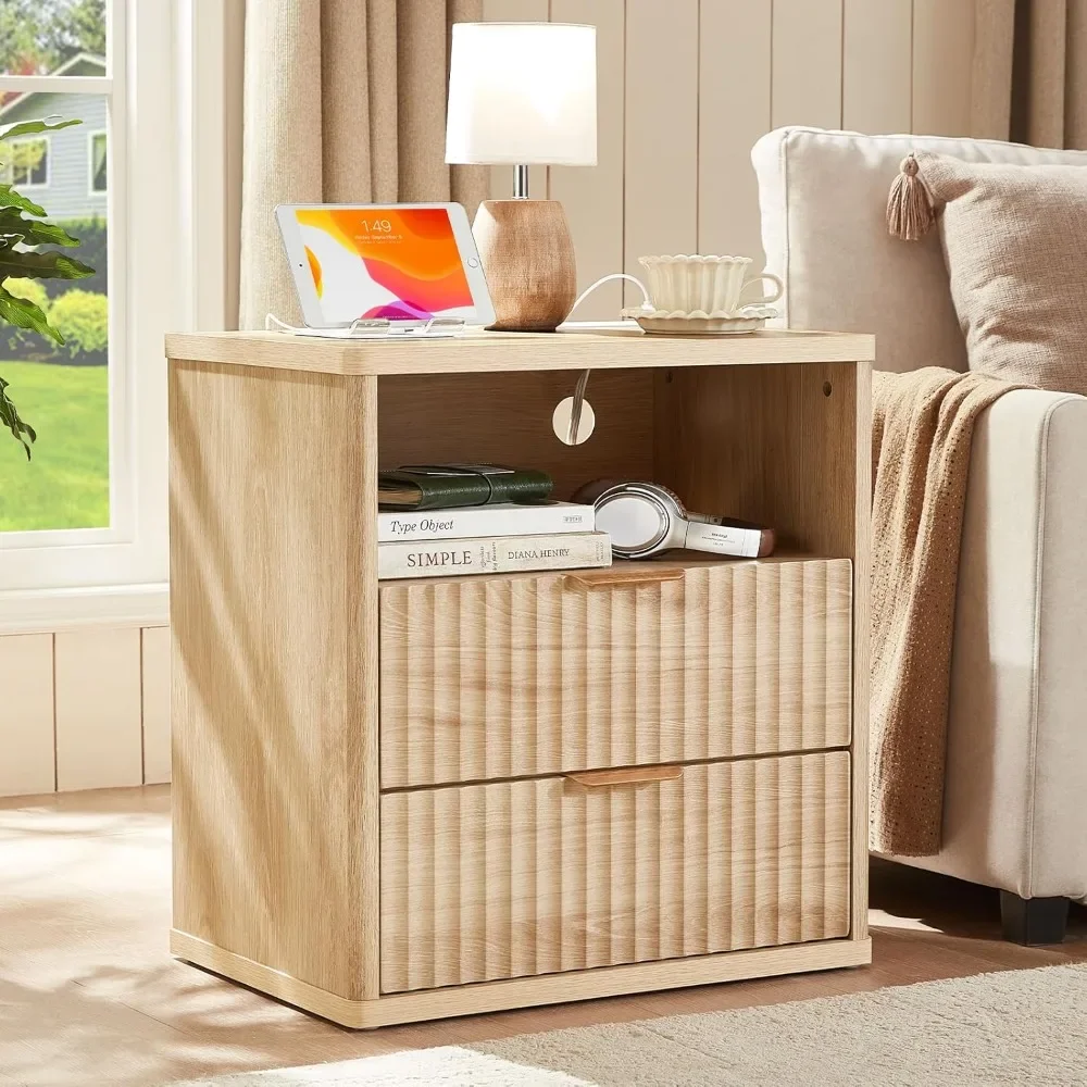 

Fluted Nightstand with Charging Station, 23" Wide 2 Drawers End Table, Natural Night Stand with Open Storage Cabinet