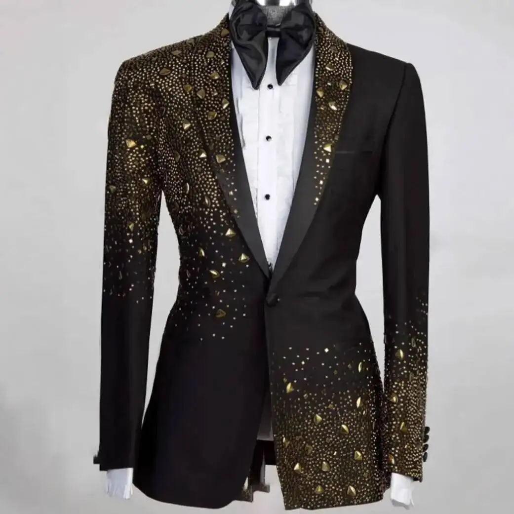 

Men Suit Customized Luxury Beaded Crystals Men Suits Groom Tuxedos 2 Pieces Sets Costume Homme Party Wedding Prom Blazers