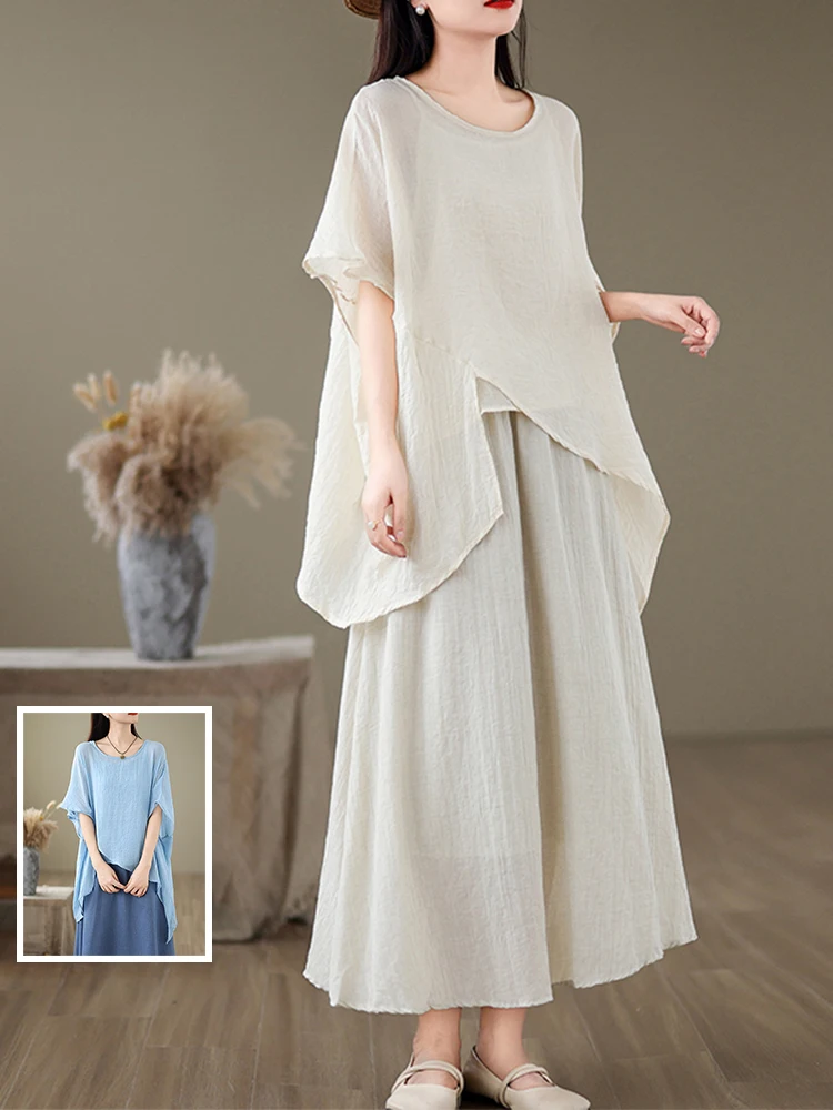 

Свободный цвет, комплект футболок большого размера, женская новая круглая асимметричная футболка на бретельках, длинная дрейфующая юбка, комплект